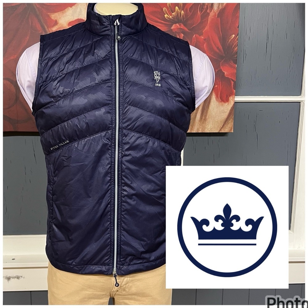 Peter Millar All Course Quilted Vest Men Sz Medium Full Zip Golf Navy Reflective